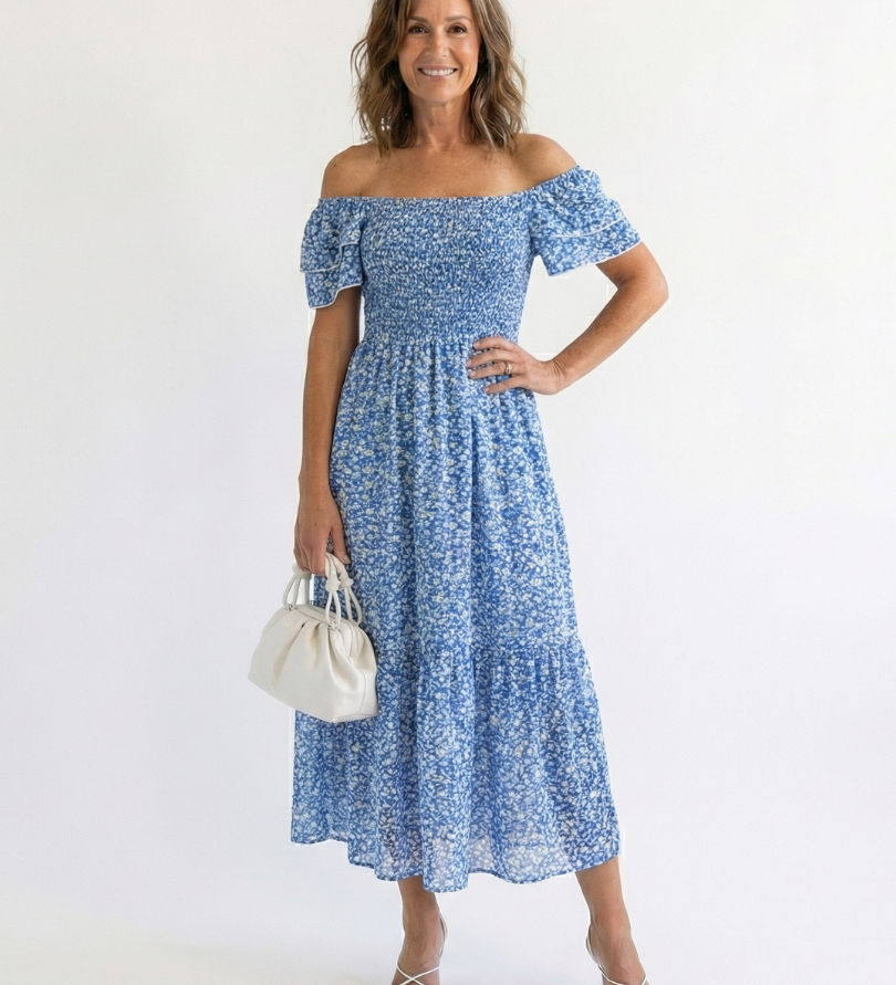 Odette | Robe Midi Smockée à Épaules Dégagées avec Motif Floral