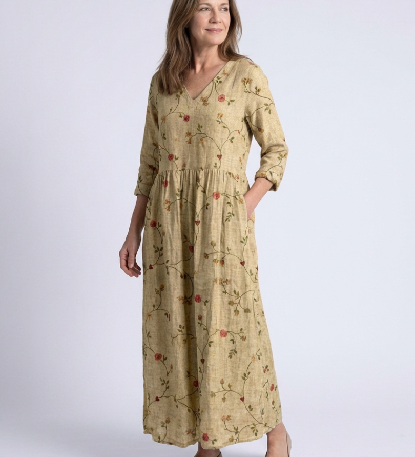 Marina | Robe maxi à fleurs avec décolleté en V et manches trois-quarts